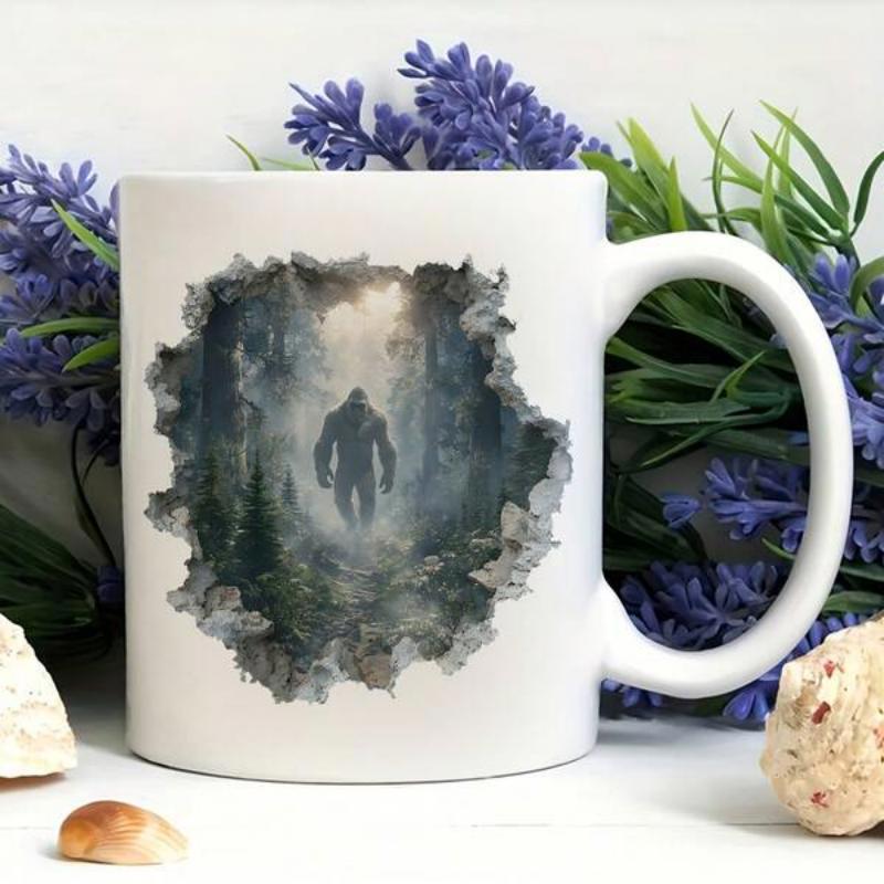 Tailorly White Ceramic 11 oz Mug - Mysterious Creature Walking Through A Misty Evergreen Forest With Watercolor Sasquatch