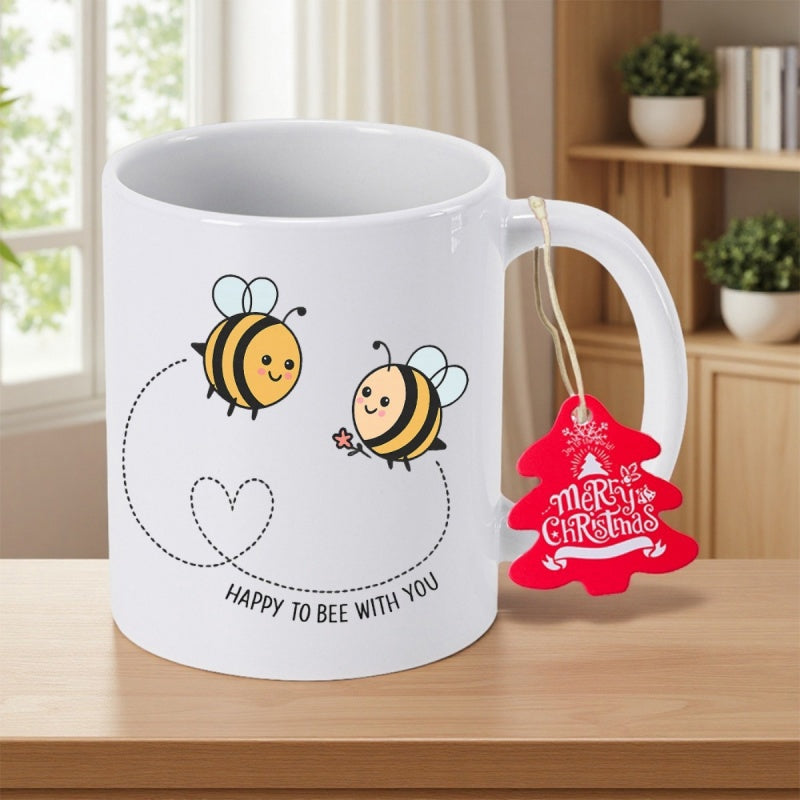 Tailorly White Ceramic 11 oz Mug - Happy To Bee With You Two Cartoon Honeybees Flying Over Delicate Dotted Path Heart Shape Bee