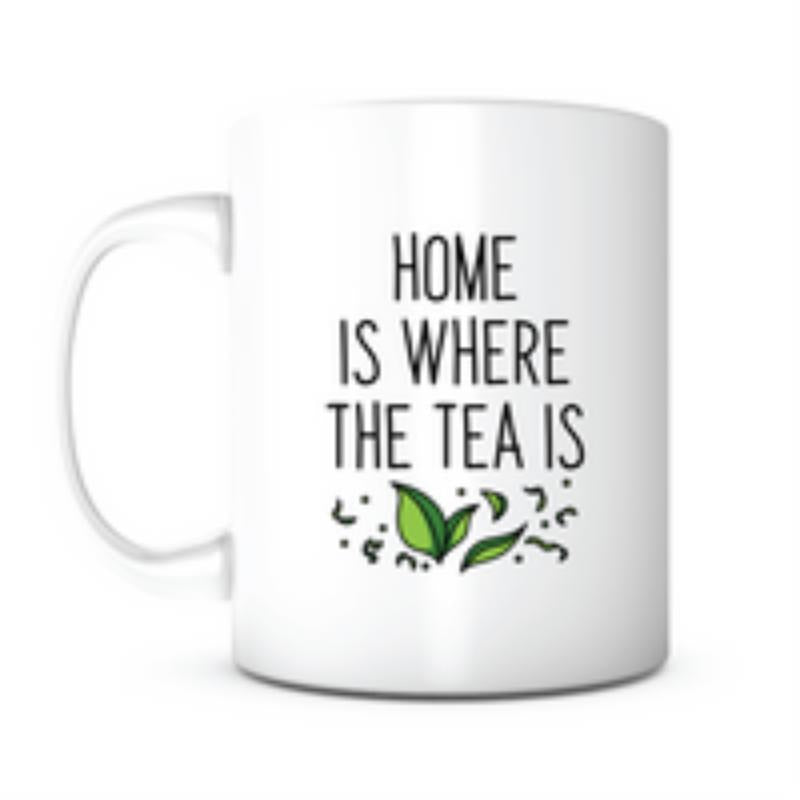 Tailorly White Ceramic 11 oz Mug - Home Is Where The Tea Is Minimalist Green Leaves Resting Beneath Simple Script Hand Lettered Quote Leaves