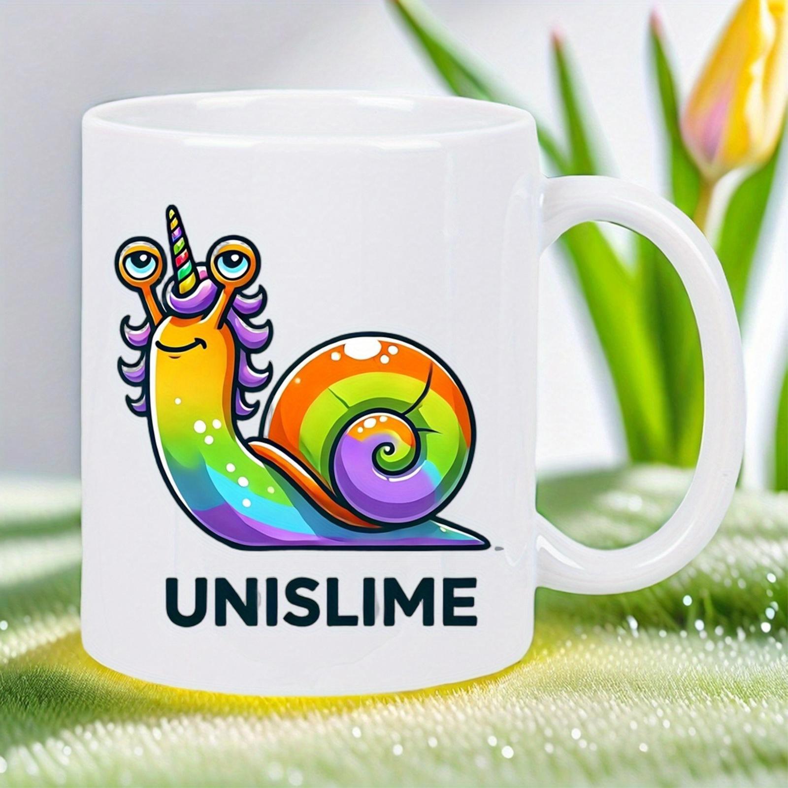 Tailorly White Ceramic 11 oz Mug - Unislime Vibrant Rainbow Colored Body Featuring Unicorn Horn And Purple Hair Snail
