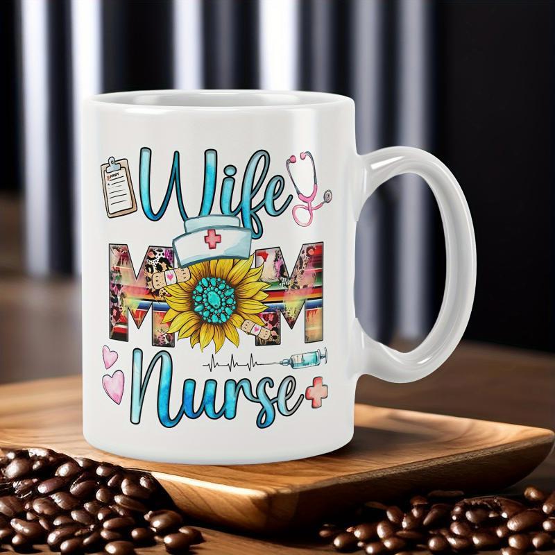 Tailorly White Ceramic 11 oz Mug - Wife Mom Nurse Blooming Sunflower Decorated With Nursing Icons And Vibrant Western Patterned Mug