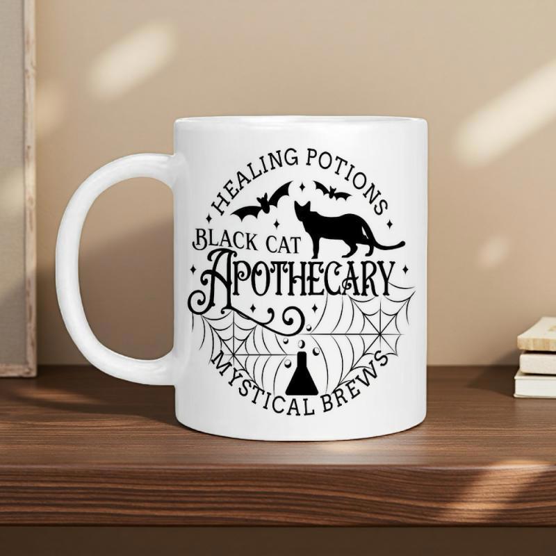 Tailorly White Ceramic 11 oz Mug - Healing Potions Black Cat Apothecary Mystical Brews Silhouetted Feline Among Flying Bats And Intricate Spider Webs Cat