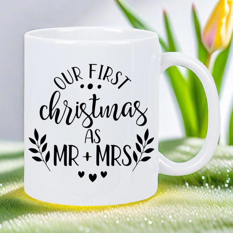 Tailorly White Ceramic 11 oz Mug - Our First Christmas As Mr Mrs White Ceramic Cup With Elegant Script And Symmetrical Decorative Leafy Branches Mug