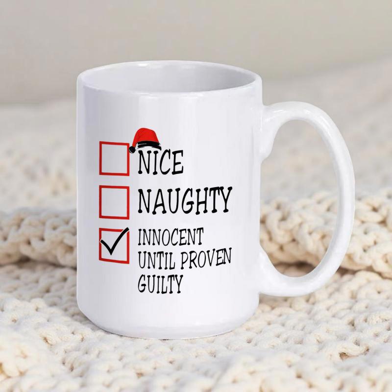 Tailorly White Ceramic 11 oz Mug - Nice Naughty Innocent Until Proven Guilty Festive Red Santa Hat Resting On Checkboxes Inside A Minimalist Frame Mug
