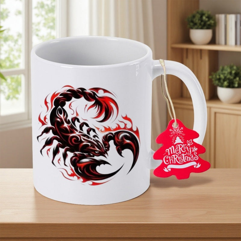 Tailorly White Ceramic 11 oz Mug - Stylized Tribal Black And Red Flame Design With Sharp Curved Tail Scorpion