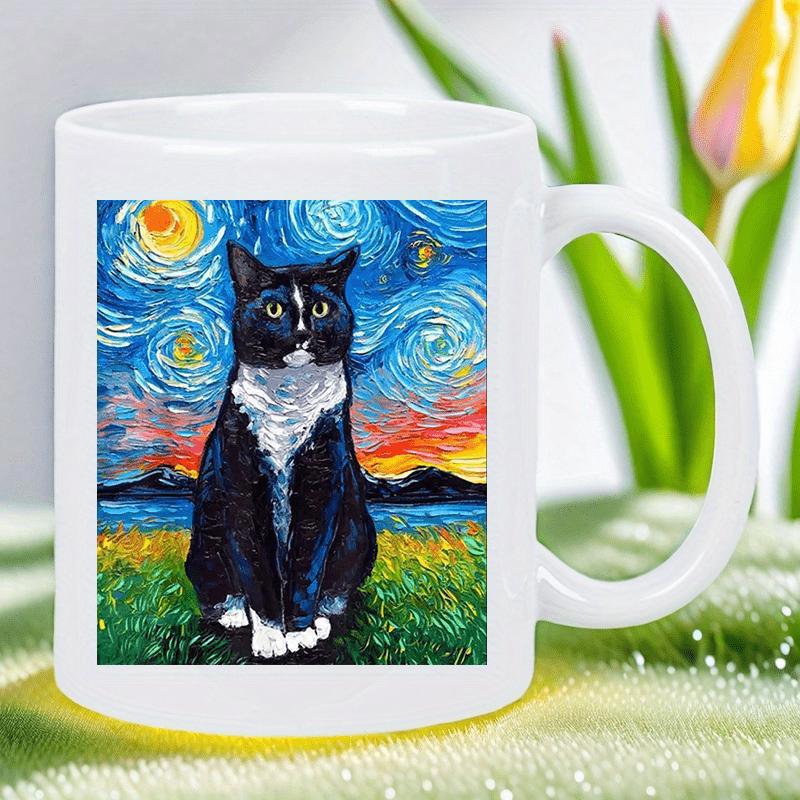 Tailorly White Ceramic 11 oz Mug - Whimsical Tuxedo Cat Sitting In Grassy Meadow Under Swirling Starry Sky Cat