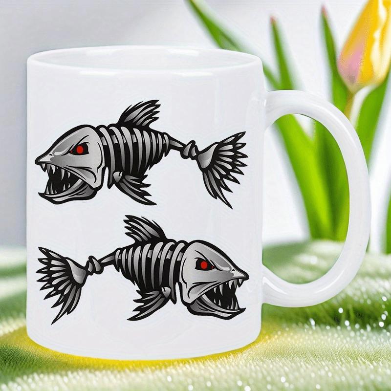 Tailorly White Ceramic 11 oz Mug - Fierce Aggressive Predatory Fish Bone Designs Featuring Glowing Red Eyes Skeleton