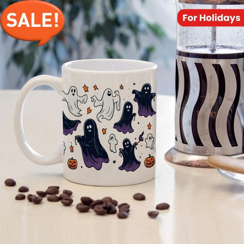 Tailorly White Ceramic 11 oz Mug - Spooky Cartoon Halloween Spirits Floating With Tiny Stars And Miniature Pumpkins Ghost