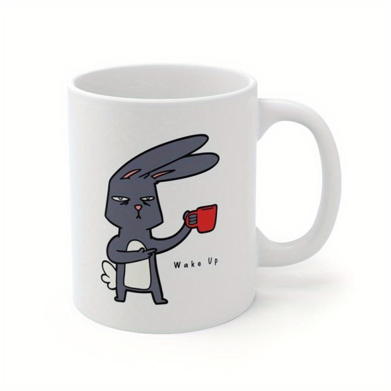 Tailorly White Ceramic 11 oz Mug - Wake Up Grumpy Grey Cartoon Rabbit Holding A Red Cup Feeling Sleepy Rabbit