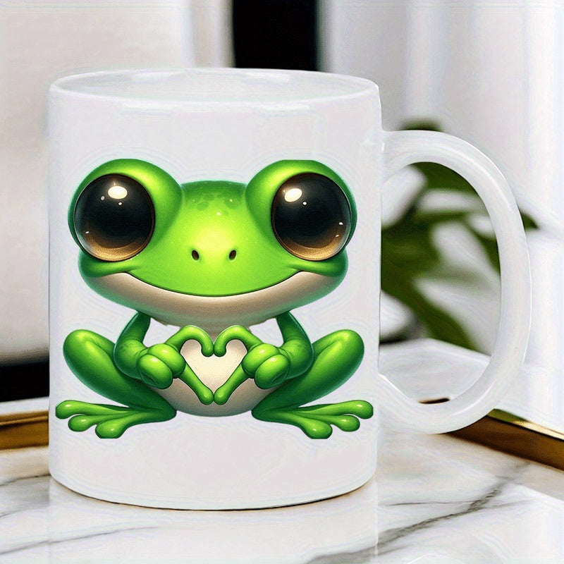 Tailorly White Ceramic 11 oz Mug - Adorable Green Cartoon Creature With Big Eyes Making Heart Shape Frog