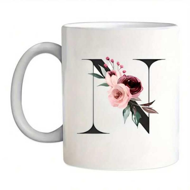Tailorly White Ceramic 11 oz Mug - N Elegant Serified Monogram Decorated With Soft Pink And Burgundy Roses Flower