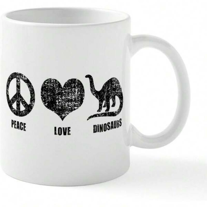 Tailorly White Ceramic 11 oz Mug - Peace Love Dinosaurs Minimalist Distressed Black Icons With Long Neck Prehistoric Ancient Dinosaur