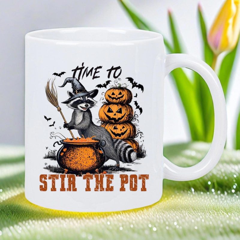 Tailorly White Ceramic 11 oz Mug - Time To Stir The Pot Mischievous Raccoon Witch Stirring A Cauldron Near Stacked Pumpkins Under Bats Raccoon