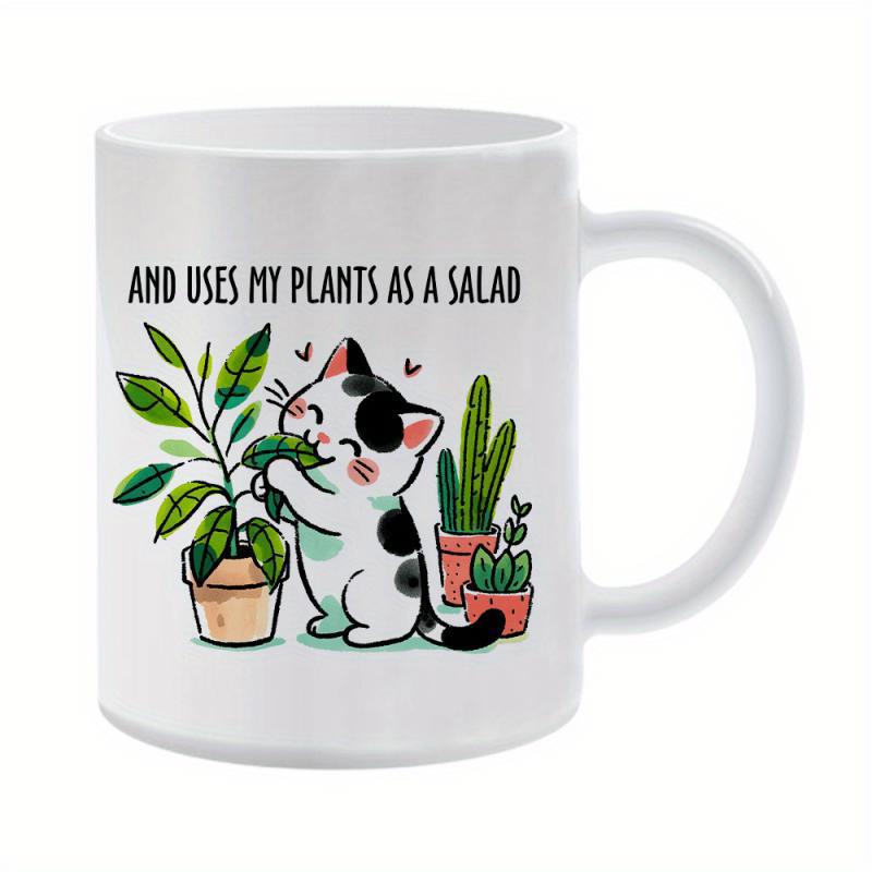 Tailorly White Ceramic 11 oz Mug - And Uses My Plants As A Salad Adorable Calico Cat Eating Green Potted Plant Leaves Cat