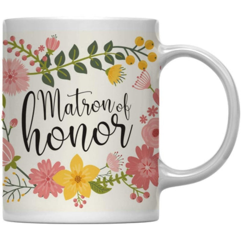 Tailorly White Ceramic 11 oz Mug - Matron Of Honor Delicate Pink And Yellow Flowers With Green Leaves Forming Elegant Wreath Flower