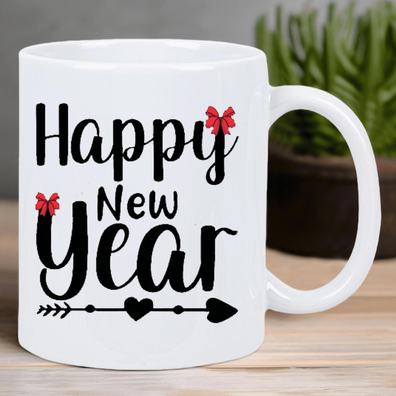 Tailorly White Ceramic 11 oz Mug - Happy New Year Festive Red Bows And Black Decorative Heart Arrow Ceramic Mug