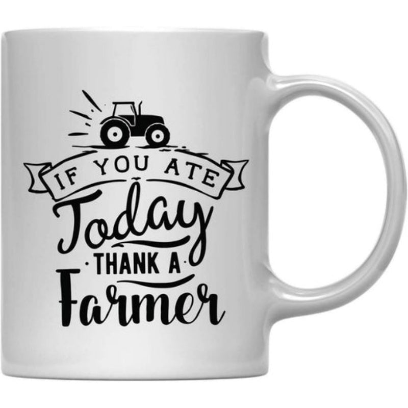 Tailorly White Ceramic 11 oz Mug - If You Ate Today Thank A Farmer Vintage Tractor Working On Field Above Elegant Ribbon Banner Tractor