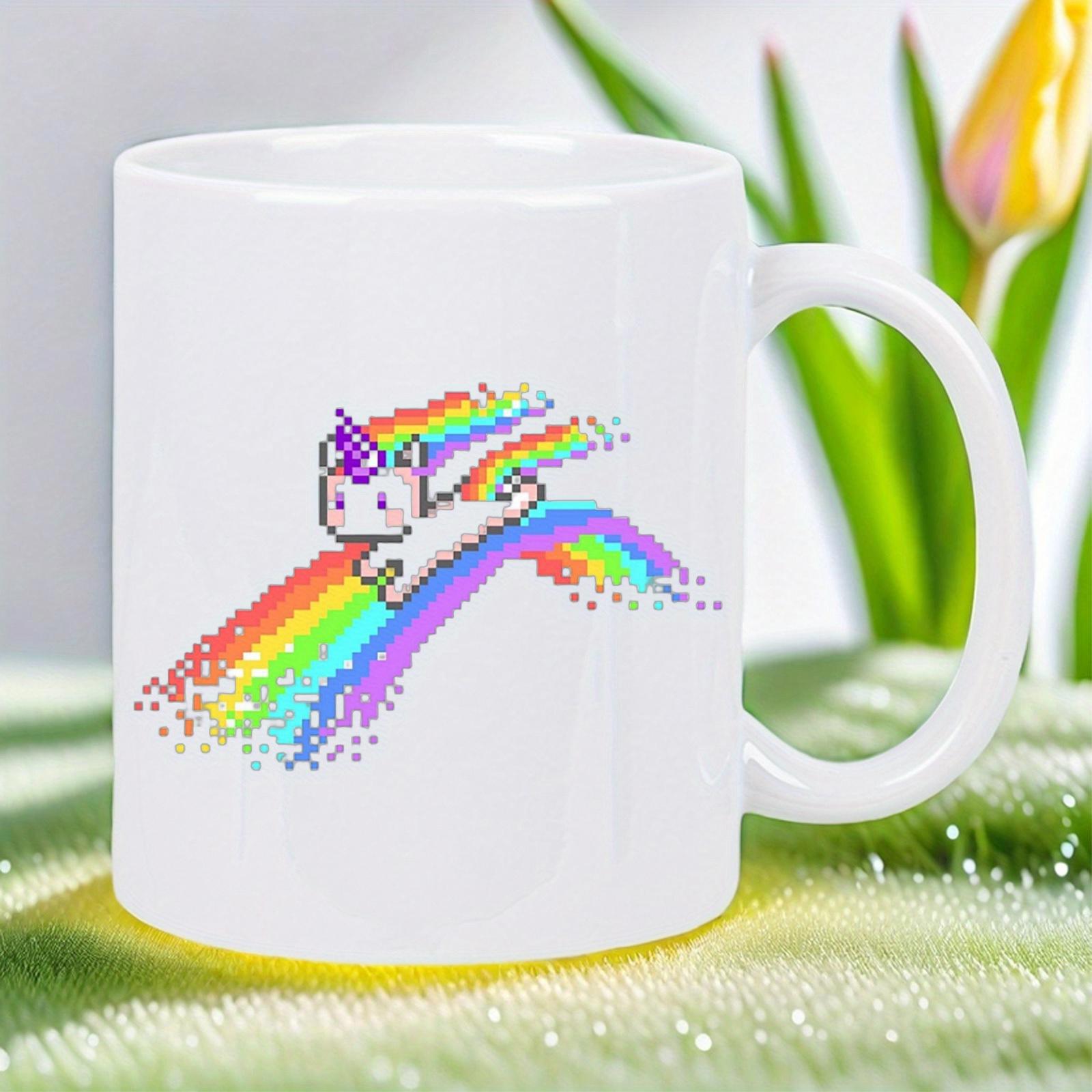 Tailorly White Ceramic 11 oz Mug - Cute Pixelated Magical Rainbow Trailing Behind A Flying Dreamy White Unicorn