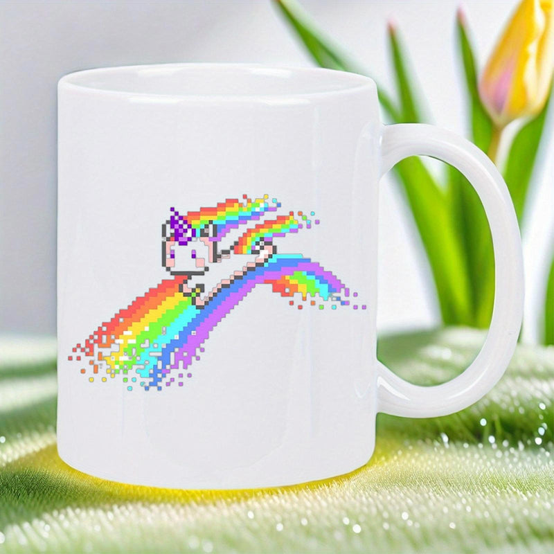 Tailorly White Ceramic 11 oz Mug - Cute Pixelated Magical Rainbow Trailing Behind A Flying Dreamy White Unicorn