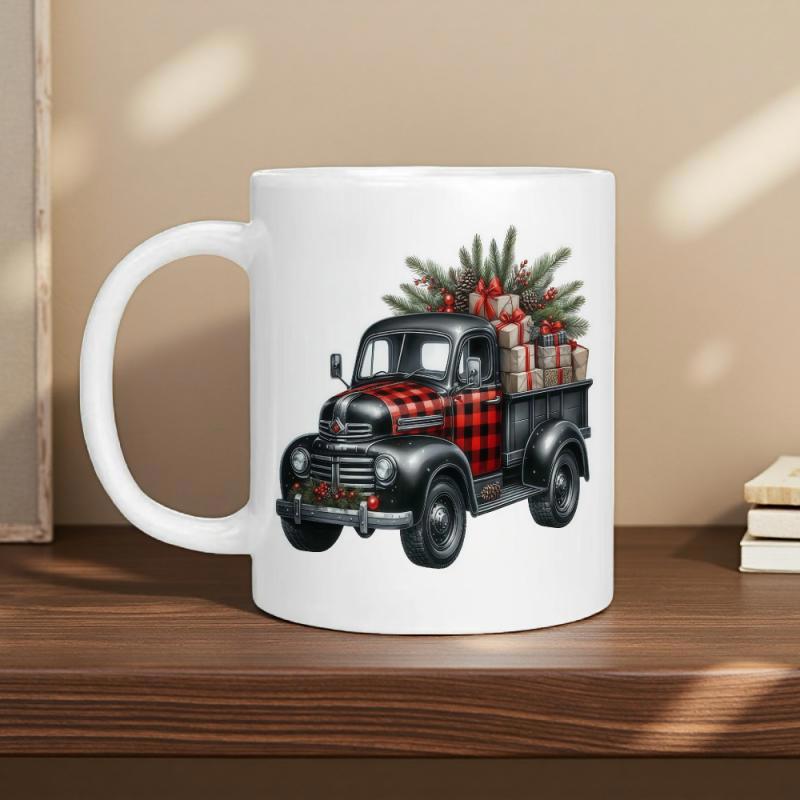 Tailorly White Ceramic 11 oz Mug - Classic Vintage Pickup Carrying A Christmas Tree And Wrapped Gift Boxes Truck