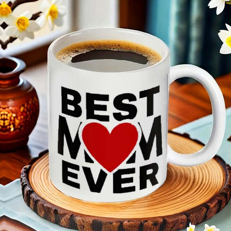 Tailorly White Ceramic 11 oz Mug - Best Mom Ever Bold Black Block Lettering Featuring A Bright Red Heart Symbol Mug