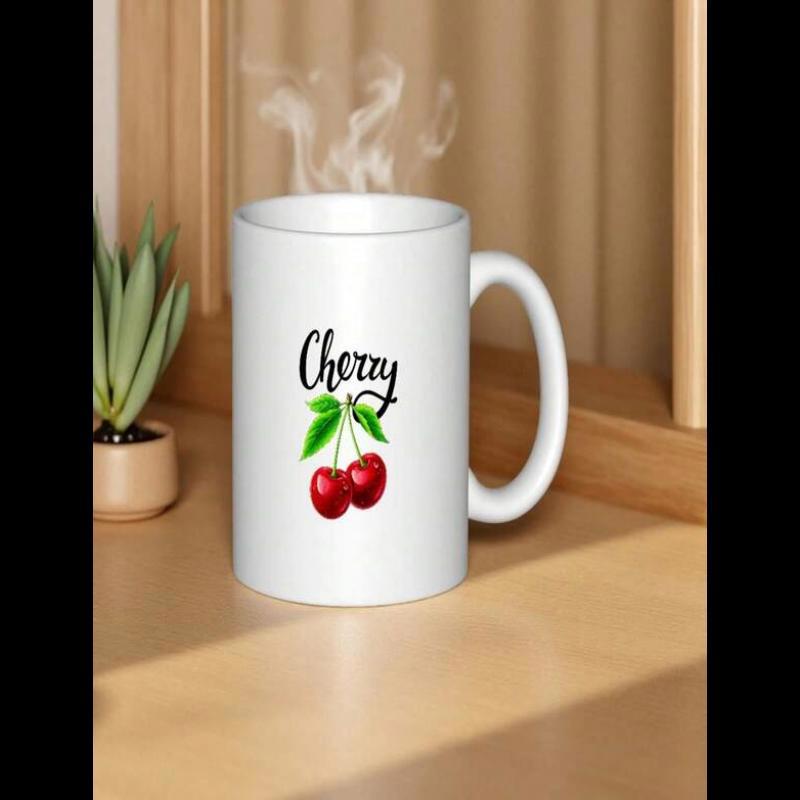 Tailorly White Ceramic 11 oz Mug - Cherry Vibrant Red Fruit With Green Leaves On A White Ceramic Cherry