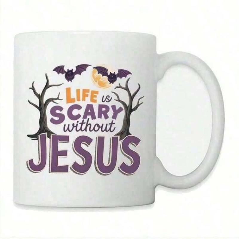 Tailorly White Ceramic 11 oz Mug - Life Is Scary Without Jesus Spooky Spindly Black Leafless Trees With Flying Bats Under Crescent Moon Tree