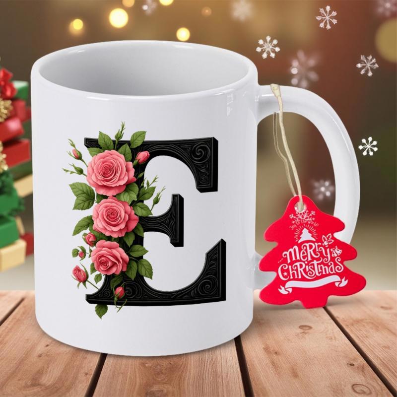 Tailorly White Ceramic 11 oz Mug - Merry Christmas Elegant Black Letter E Entwined With Blooming Pink Roses And Green Foliage Letter