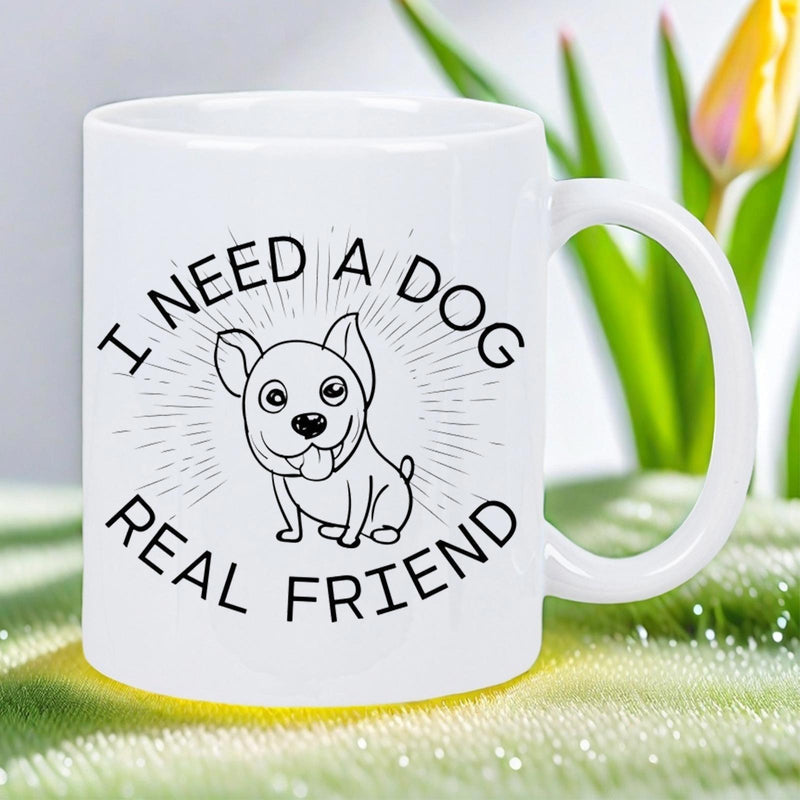 Tailorly White Ceramic 11 oz Mug - I Need A Dog Real Friend Cute Minimalist Line Art With Radiant Sunburst Lines Surrounding A Happy Dog