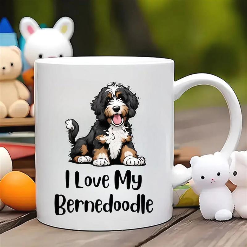 Tailorly White Ceramic 11 oz Mug - I Love My Bernedoodle Cute Fluffy Sitting Pup With Happy Expression And Wagging Tail Bernedoodle