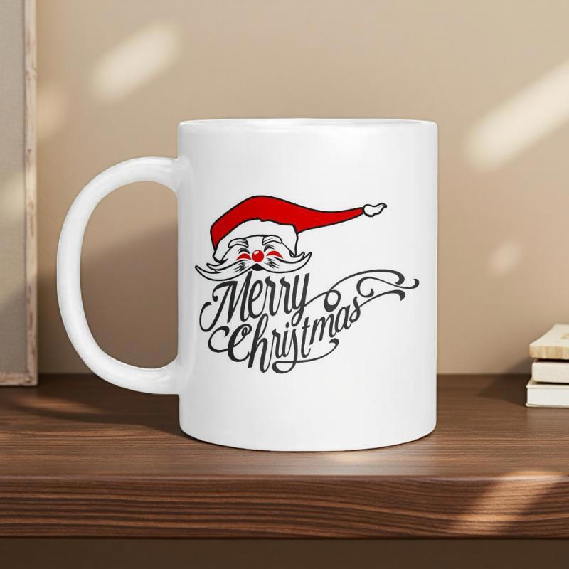 Tailorly White Ceramic 11 oz Mug - Merry Christmas Red Santa Hat With Elegant Black Script Greeting On A Minimalist Ceramic Mug