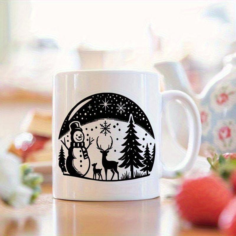 Tailorly White Ceramic 11 oz Mug - Winter Scene With Snowman And Deer Standing Under Falling Stars Snowman