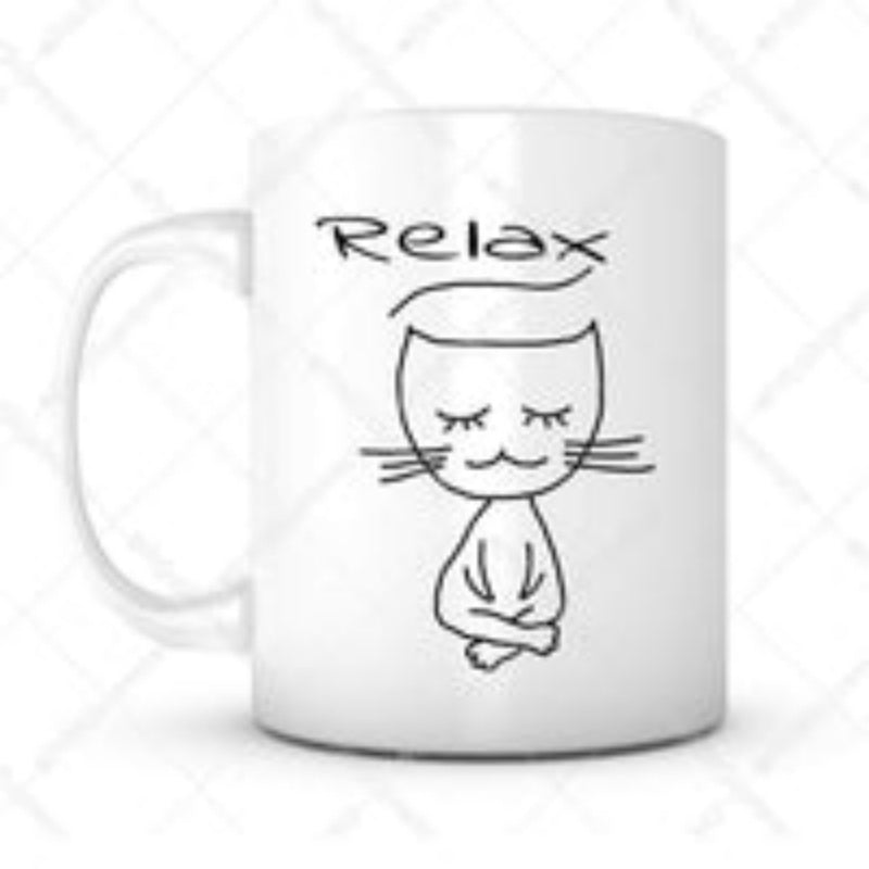 Tailorly White Ceramic 11 oz Mug - Relax Minimalist Black Line Drawing Of A Meditating Zen Sitting Cat