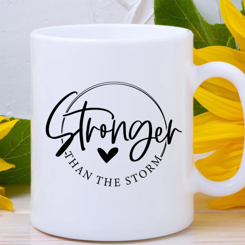 Tailorly White Ceramic 11 oz Mug - Stronger Than The Storm Minimalist Circular Frame With Heart Symbol And Elegant Script Typography Mug