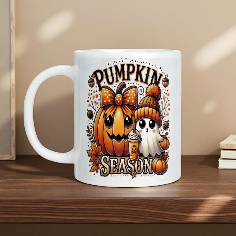 Tailorly White Ceramic 11 oz Mug - Pumpkin Season Adorable Autumn Pumpkin Wearing Bow Beside Tiny Ghost Holding Coffee Drink Pumpkin