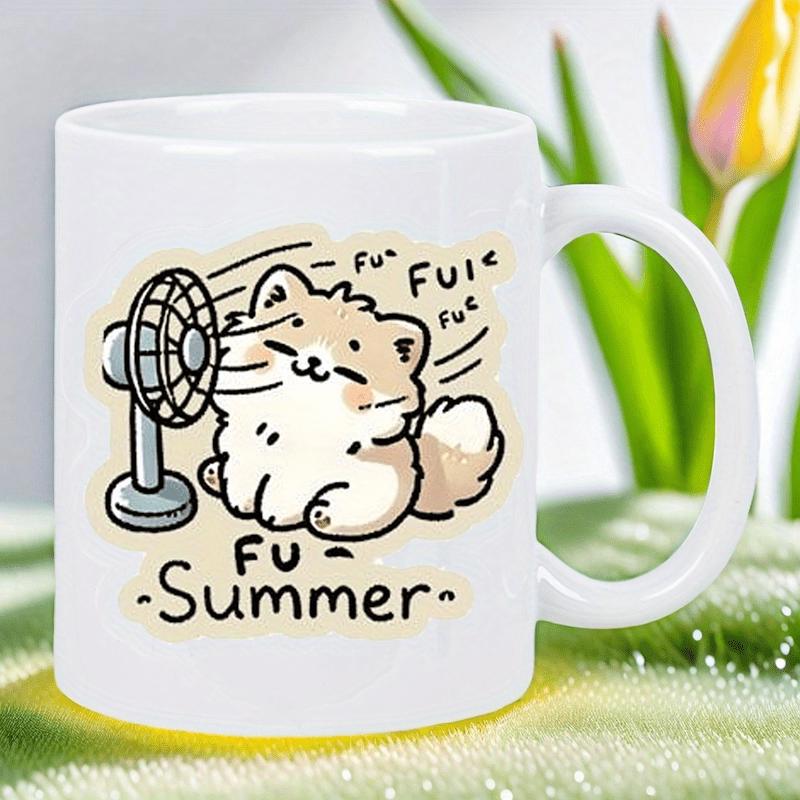 Tailorly White Ceramic 11 oz Mug - Summer Adorable Fluffy Kitten Enjoying Cool Breeze From Small Fan Cat
