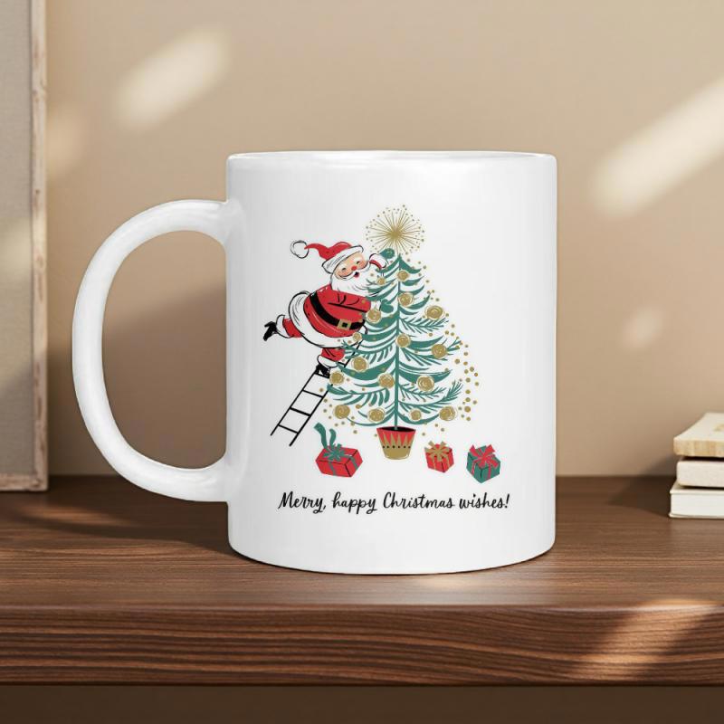Tailorly White Ceramic 11 oz Mug - Many Happy Christmas Wishes Jolly Santa Climbing Ladder To Decorate A Festive Green Christmas Tree