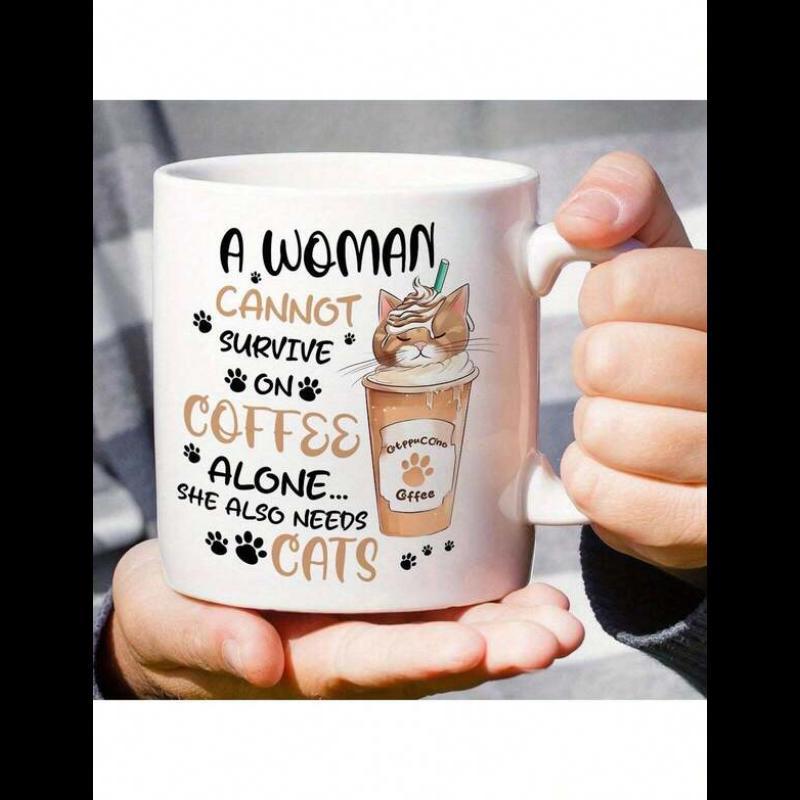 Tailorly White Ceramic 11 oz Mug - A Woman Cannot Survive On Coffee Alone She Also Needs Cats Adorable Ginger Cat Sitting Inside Coffee Cup Among Black Paw Prints