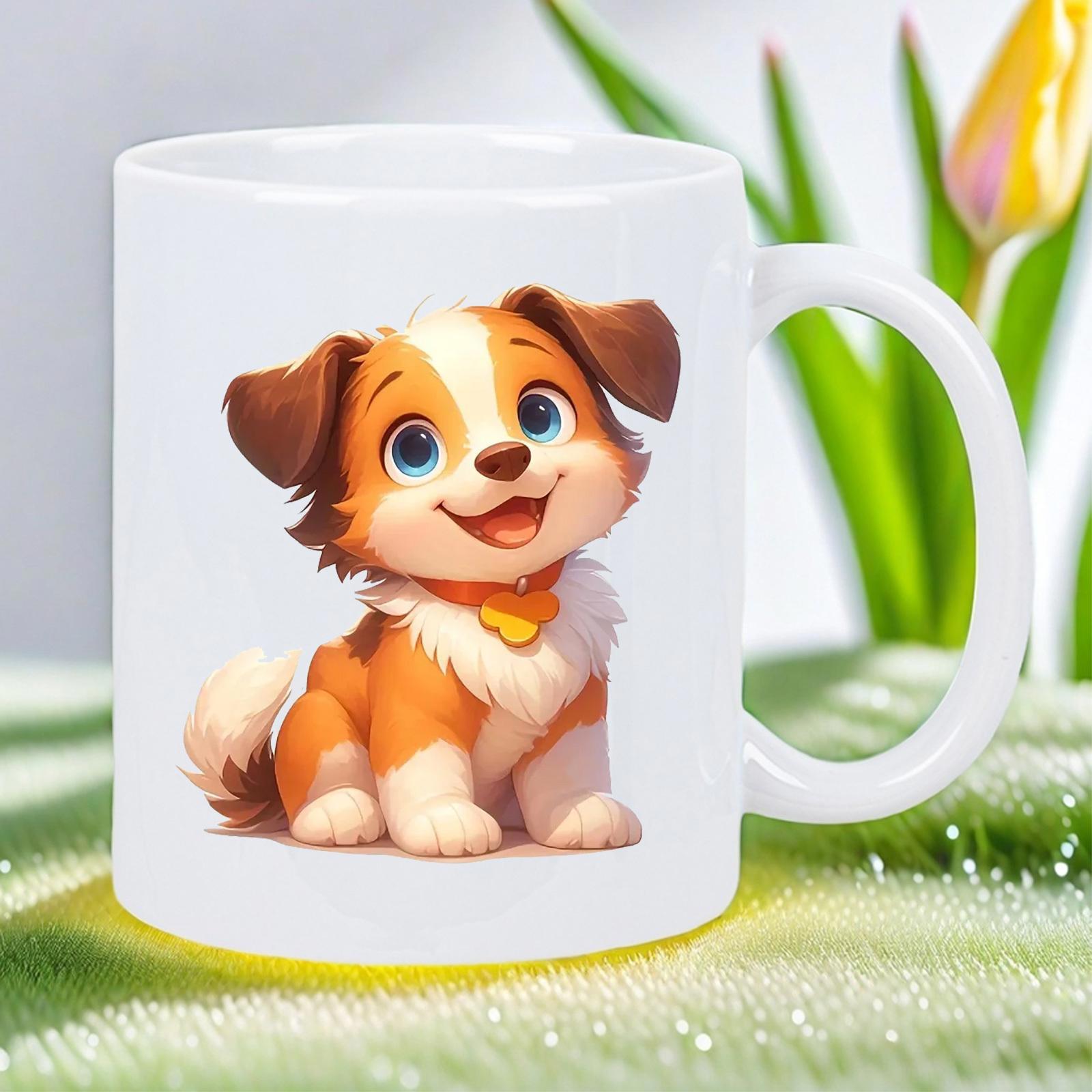 Tailorly White Ceramic 11 oz Mug - Adorable Cartoon Dog Sitting On Green Grass With Bright Blue Eyes Puppy
