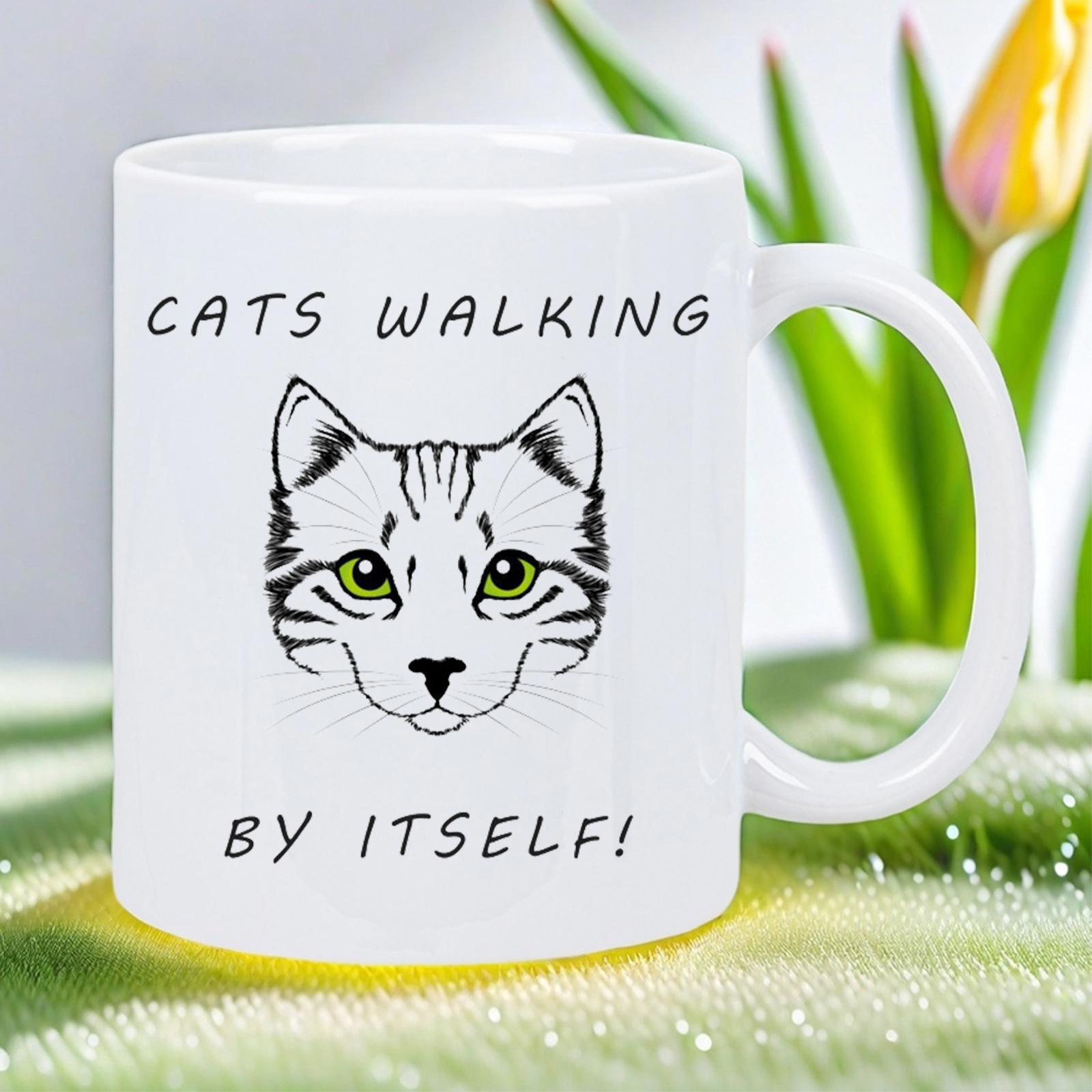 Tailorly White Ceramic 11 oz Mug - Cats Walking By Itself Detailed Black White Striped Fur With Striking Bright Green Eyes Cat