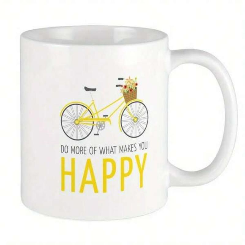 Tailorly White Ceramic 11 oz Mug - Do More Of What Makes You Happy Vintage Style Yellow Bicycle With Basket Filled With Flowers Bicycle