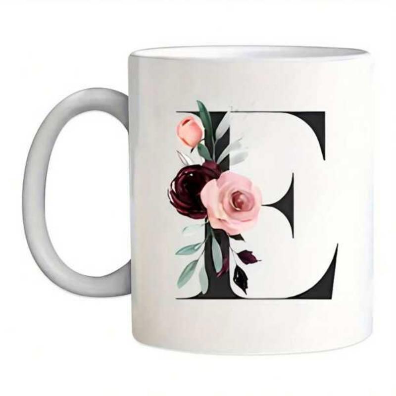 Tailorly White Ceramic 11 oz Mug - E Elegant Floral Arrangement With Pink Roses And Soft Green Leaves Decorating Letter