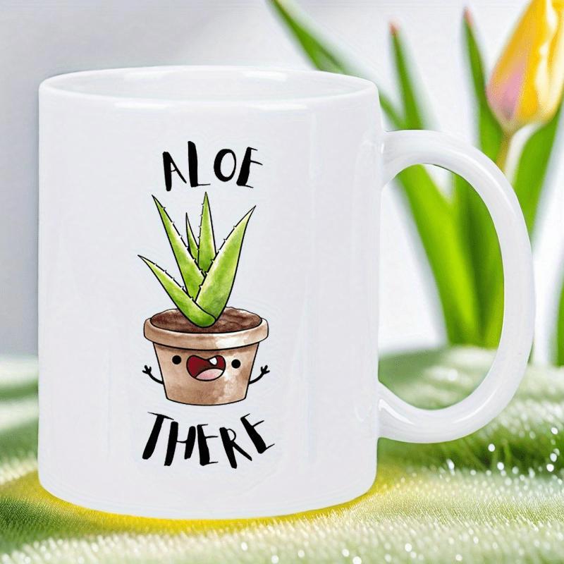 Tailorly White Ceramic 11 oz Mug - Aloe There Cute Cartoon Potted Plant With Smiling Face And Vibrant Green Leaves Aloe