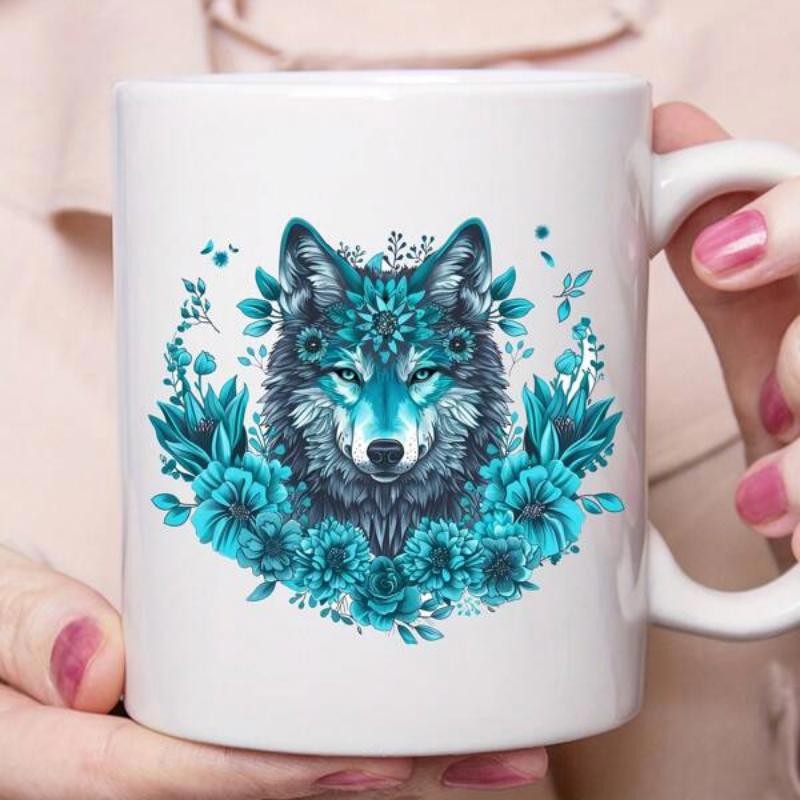 Tailorly White Ceramic 11 oz Mug - Mystical Teal Forest Spirit Surrounded By Elegant Blooming Flowers Wolf