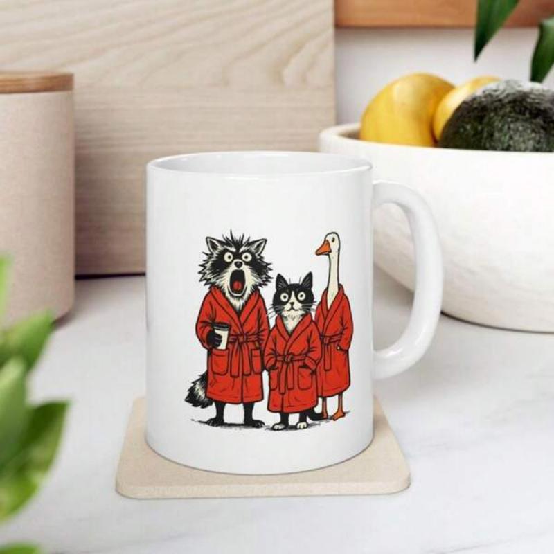 Tailorly White Ceramic 11 oz Mug - Cartoon Raccoon Cat And Goose Wearing Red Robes For Morning Coffee Raccoon