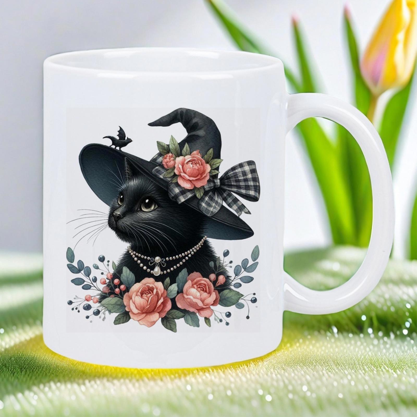 Tailorly White Ceramic 11 oz Mug - Mystical Black Feline Wearing Witch Hat Among Elegant Pink Roses Cat