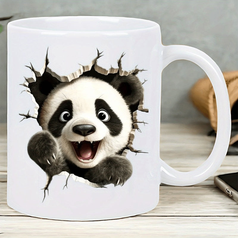 Tailorly White Ceramic 11 oz Mug - Adorable Cartoon Panda Popping Through A Realistic White Cracked Brick Wall Panda