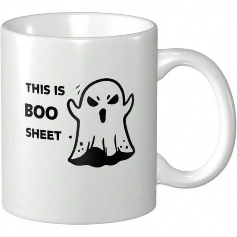 Tailorly White Ceramic 11 oz Mug - This Is Boo Sheet Angry Little Cartoon Spirit Floating With Black Dots Ghost