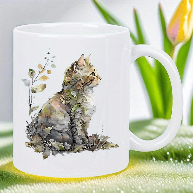 Tailorly White Ceramic 11 oz Mug - Artistic Watercolor Sitting Peacefully Among Autumn Leaves And Golden Foliage Cat