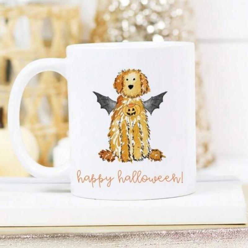 Tailorly White Ceramic 11 oz Mug - Happy Halloween Adorable Fluffy Golden Puppy Wearing Bat Wings And Pumpkin Dog
